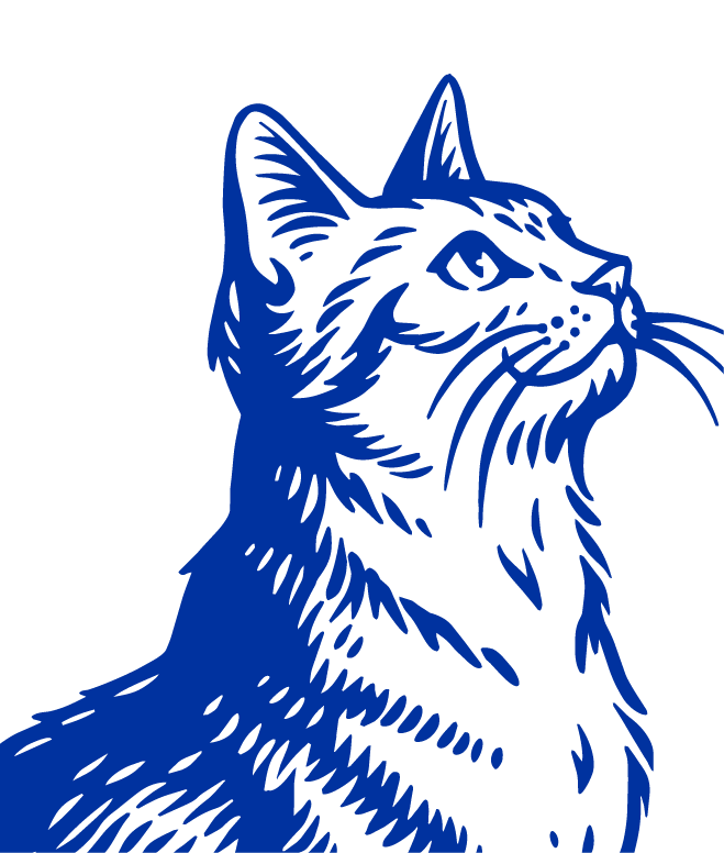 A stylized blue cat illustration in profile on a white background.