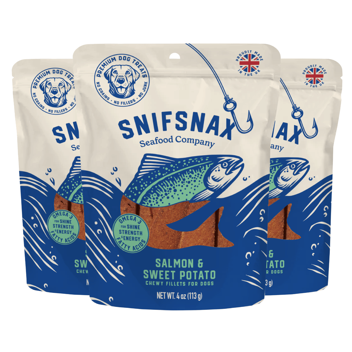 ＜新品・送込＞アルメリック 5.5 Feb's Fish 青スプレー　A2603 Chewy Salmon & Sweet Potato Fillets Dog Treats (3-Pack) | SnifSnax