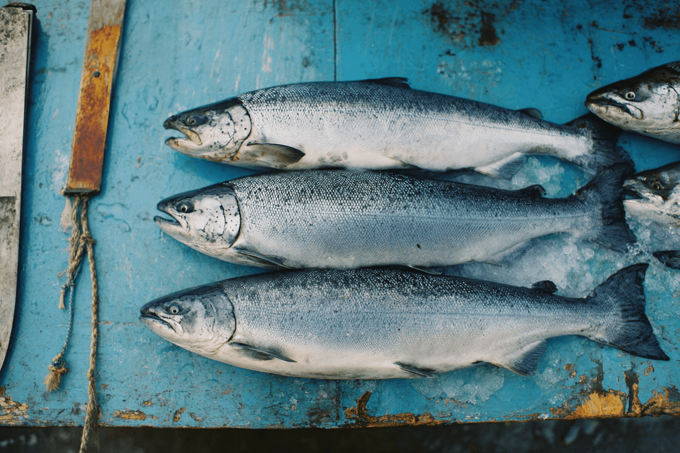 Three salmon on a blue surface with a rusty tool beside them
