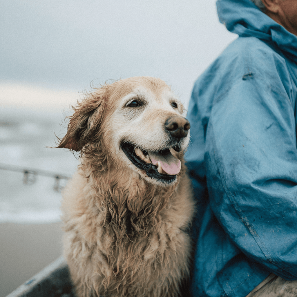 A wet golden retriever dog sitting next to a person wearing a blue hooded rain jacket, with an overcast outdoor background.