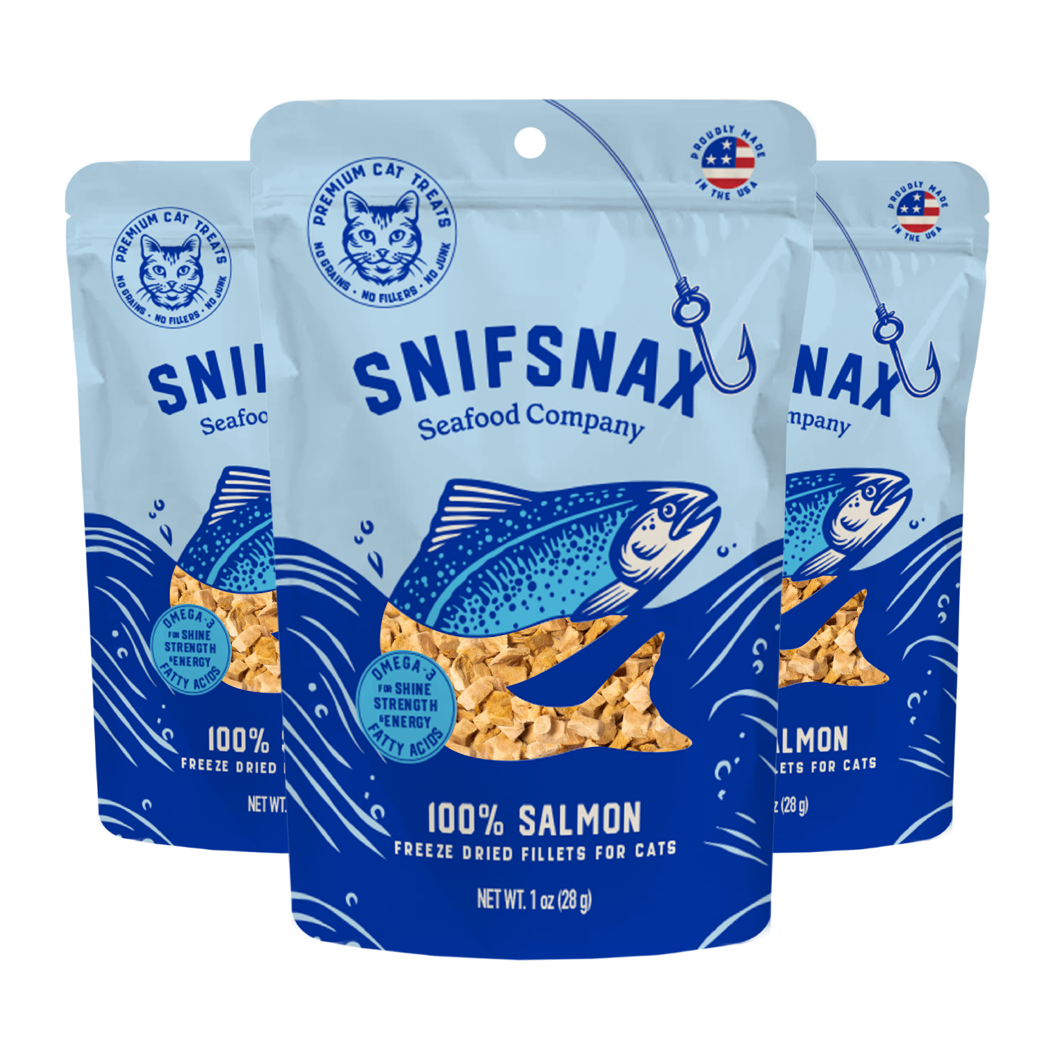 Three stand-up pouches of SnifSnax Premium Cat Treats Seafood Company 100% Salmon freeze dried fillets for cats, arranged in a fan shape on a white background.