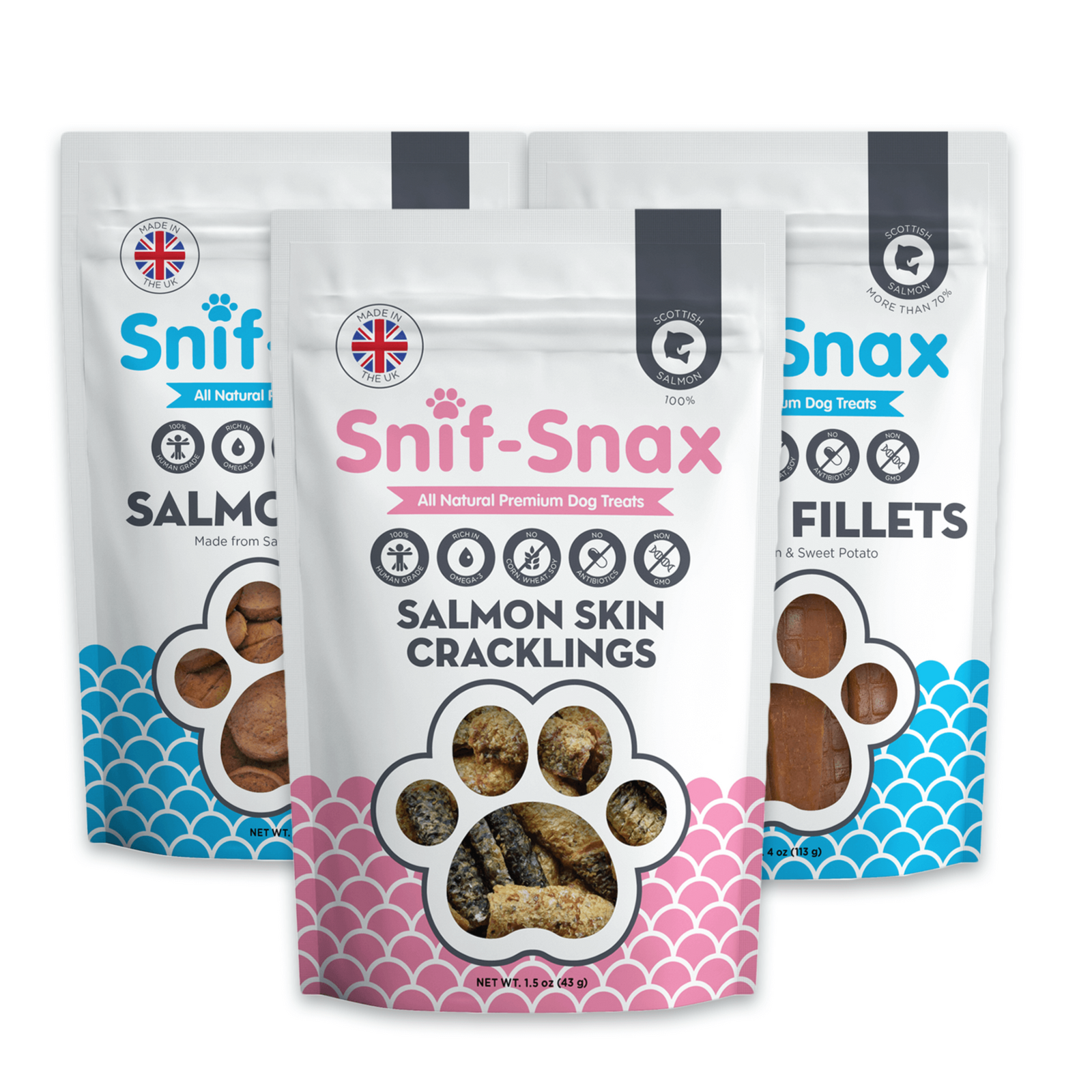 Three packages of Snif-Snax dog treats on a white background