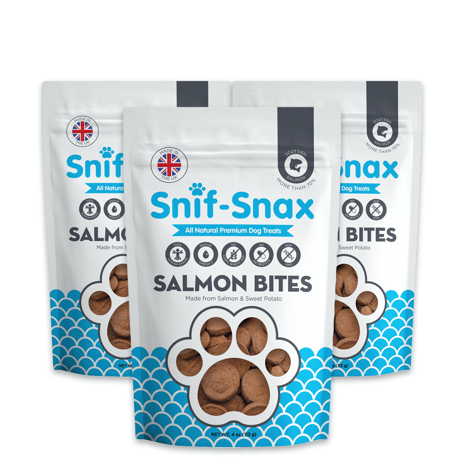 Three packages of Snif-Snax Salmon Bites dog treats on a white background