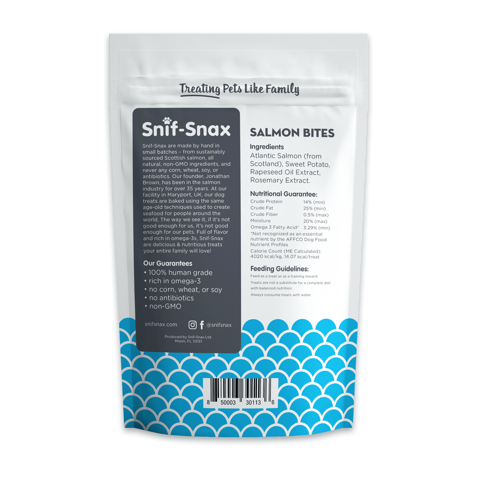 Snif-Snax Salmon Bites packaging with blue wave pattern on a white background