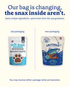 A promotional graphic for Sniff-Snax salmon fillets showing a side-by-side comparison of old and new packaging on a light cream background with blue text.