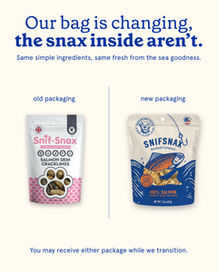 A promotional graphic showing two pouches of Sniff-Snax salmon skin cracklings side by side on a light cream background, with headline text explaining a packaging transition and labels for old and new packaging.
