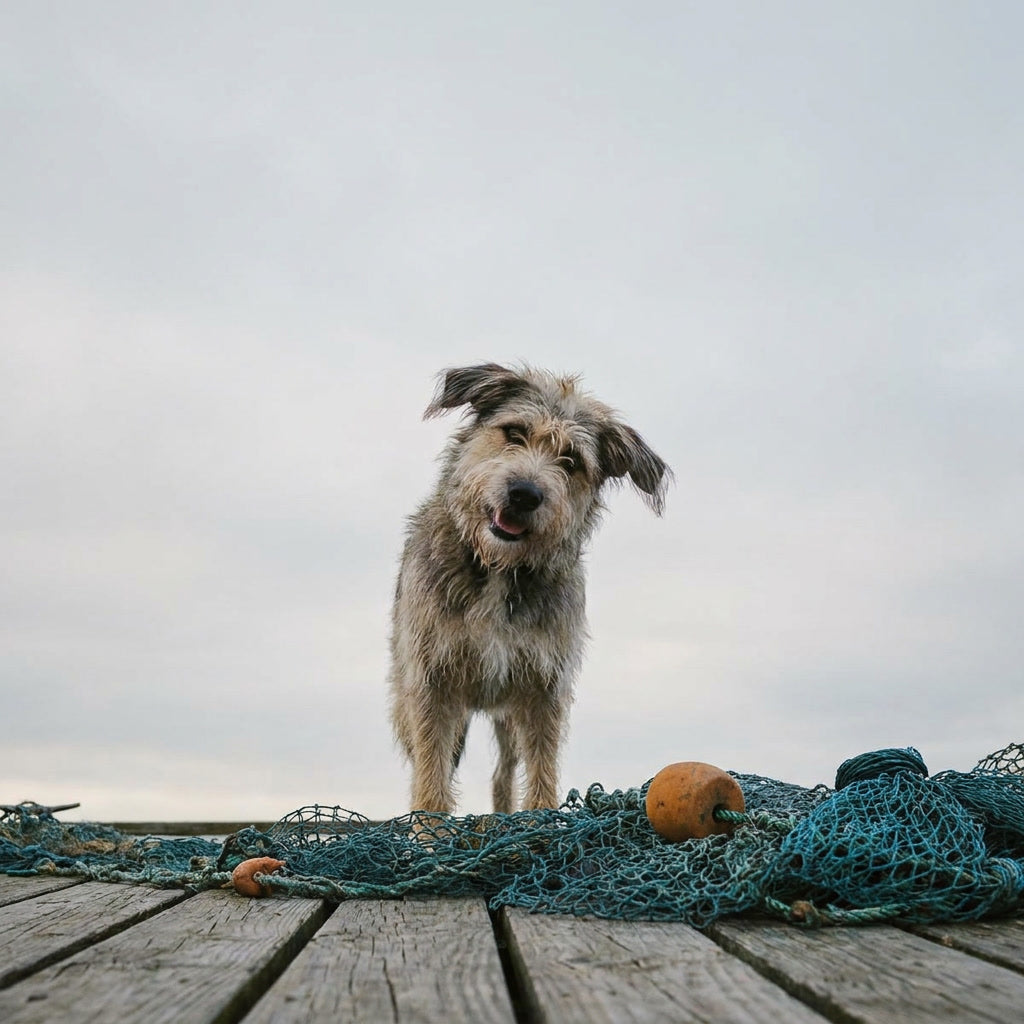 Dog standing on a wooden deck with fishing nets and a pumpkin in the background