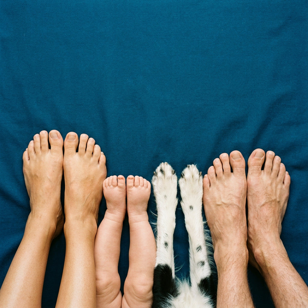 Top-down view of multiple human legs and a dog's paws aligned side by side on a dark blue fabric surface.