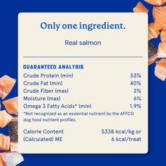 A product information card for 'Real salmon' showing guaranteed nutritional analysis on a blue background with salmon slices around the edges. The card states 'Only one ingredient.