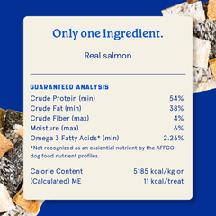 A product information card for 'Real salmon' showing a guaranteed analysis nutrition label with protein, fat, fiber, moisture, and omega-3 fatty acids content, set against a blue background with salmon and crackers partially visible at the edges.
