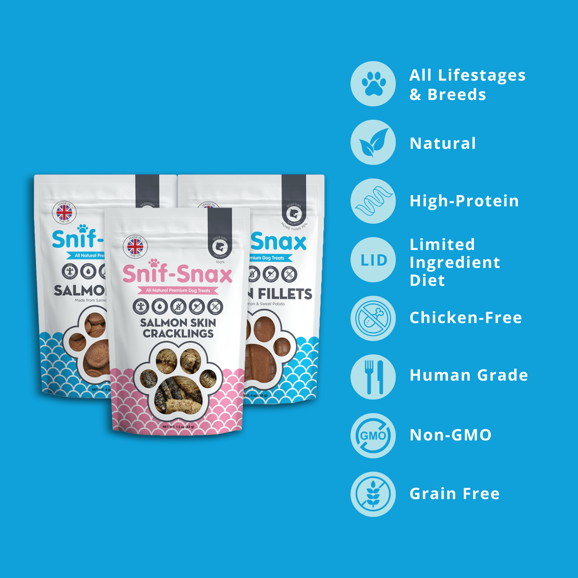 Three packages of Snif-Snax dog treats on a white background