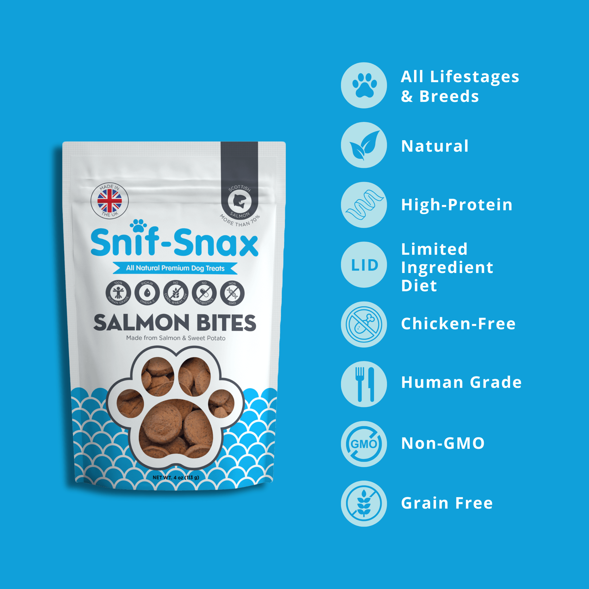 Three packages of Snif-Snax Salmon Bites dog treats on a white background