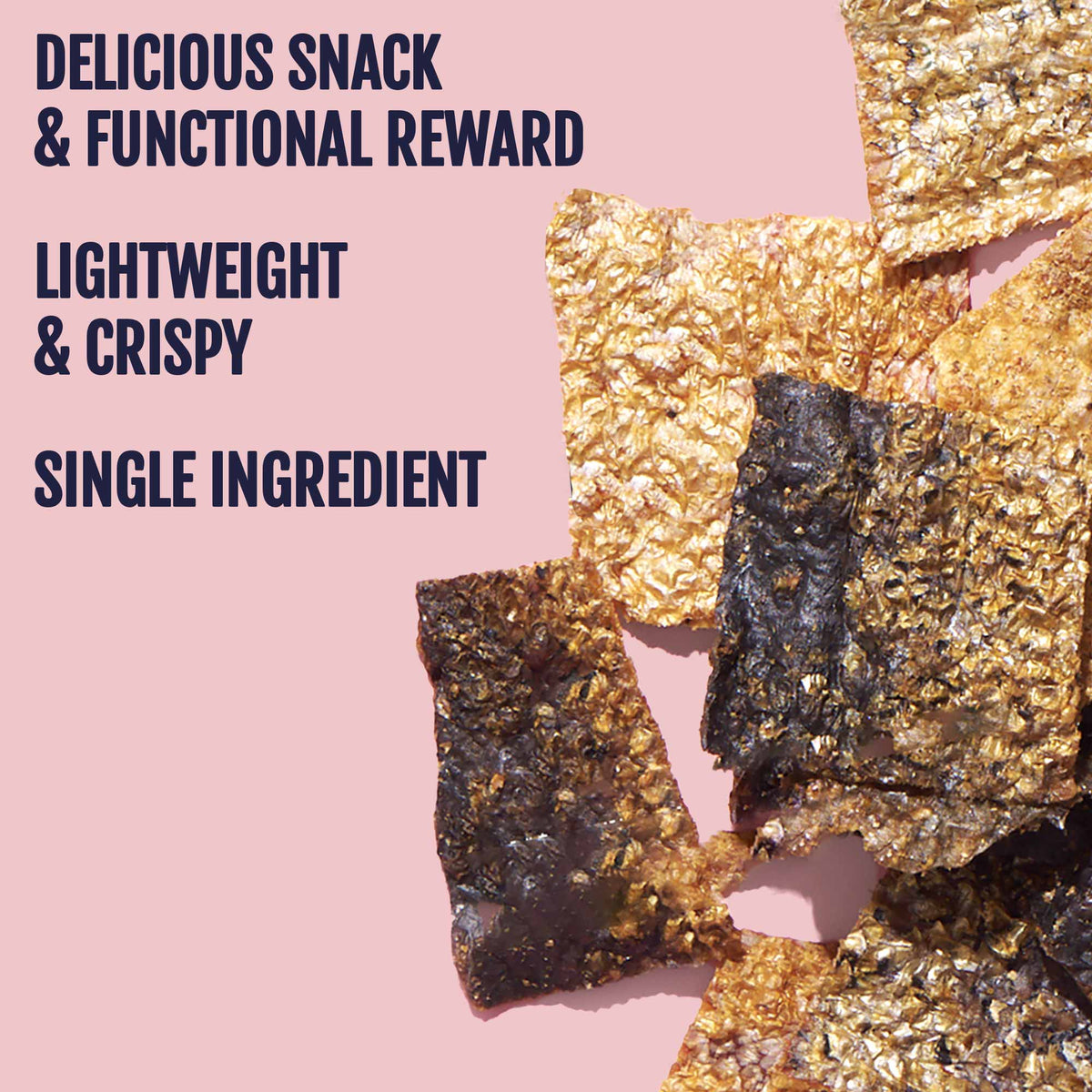 Crispy salmon skins  with gold and black textures on a pink background, text highlighting features.