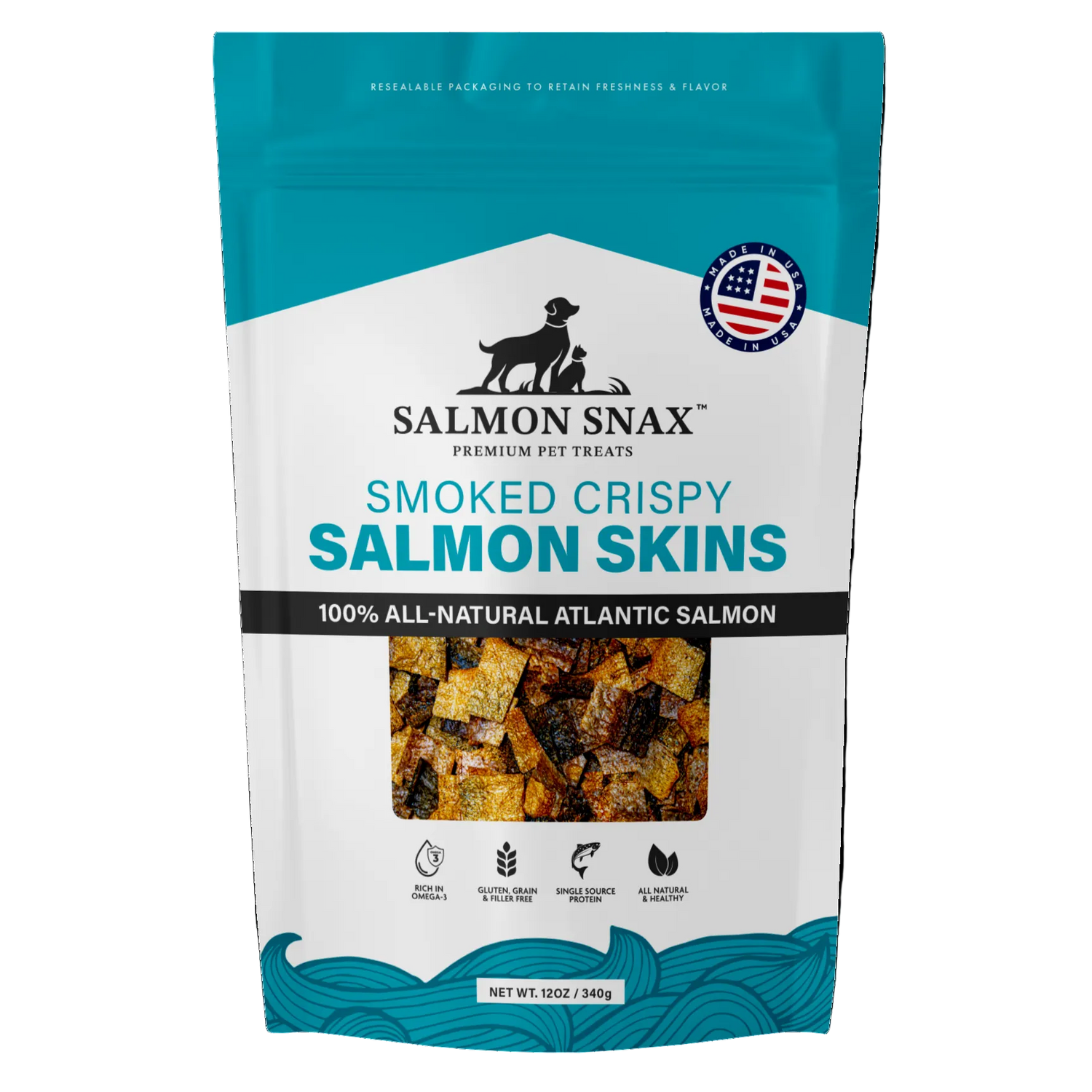 A package of Salmon Snax Smoked Crispy Salmon Skins, with an image of the product in a clear window, indicating it is a pet treat made from smoked and crispy salmon skins.