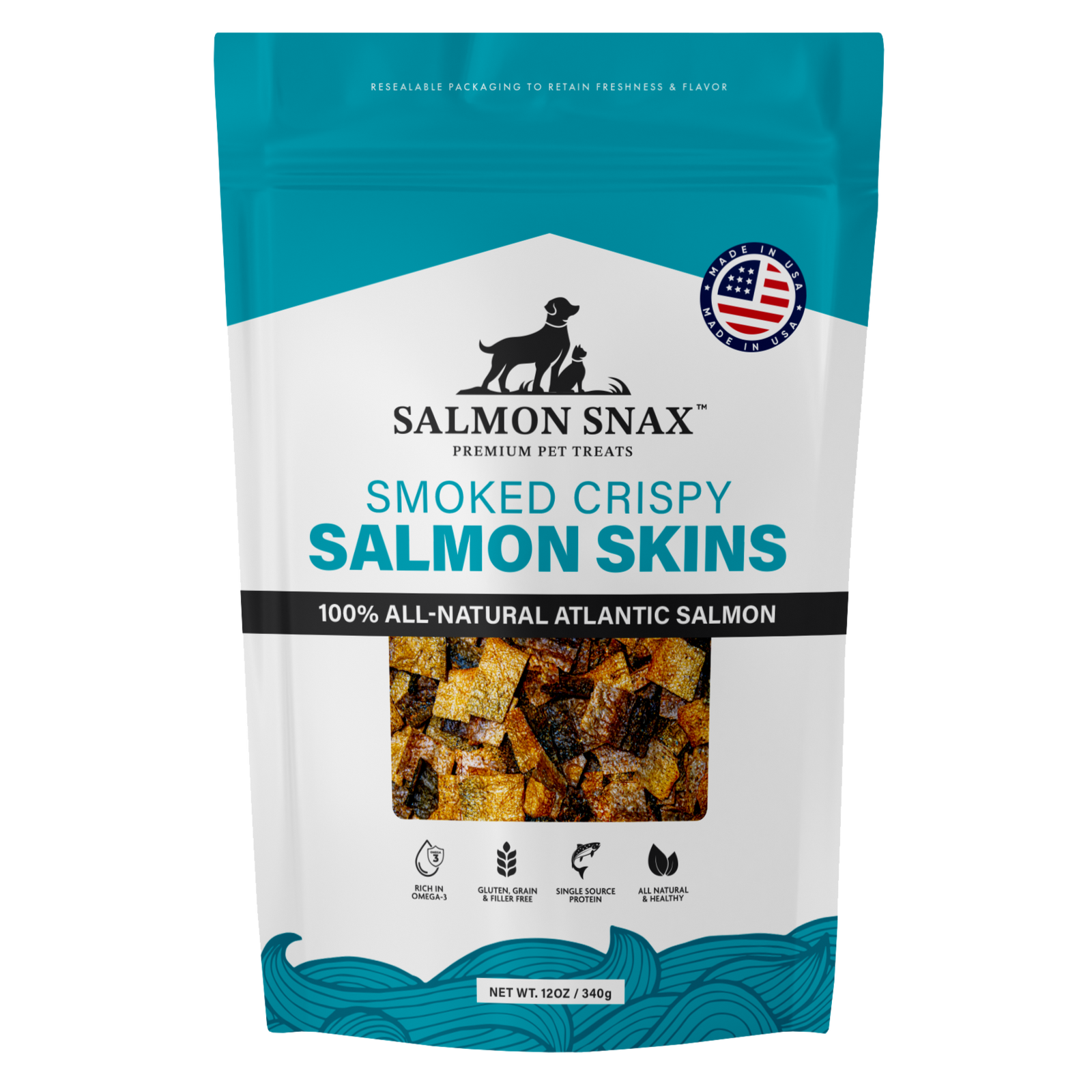 A package of Salmon Snax Smoked Crispy Salmon Skins, with an image of the product in a clear window, indicating it is a pet treat made from smoked and crispy salmon skins.