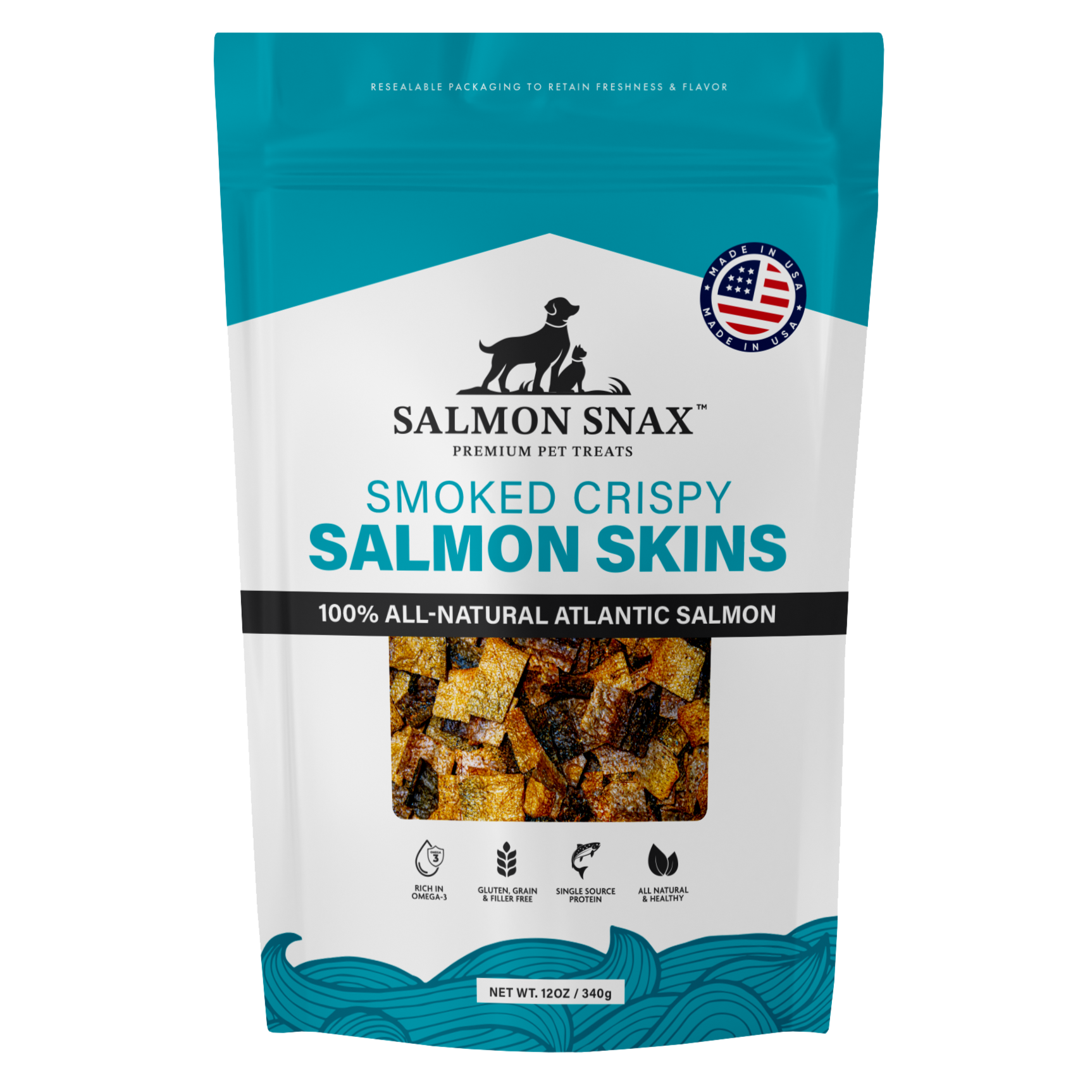 A package of Salmon Snax Smoked Crispy Salmon Skins, with an image of the product in a clear window, indicating it is a pet treat made from smoked and crispy salmon skins.
