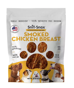 Snif-Snax smoked chicken breast dog treats packaging with images of dogs on a white background. size 3 pounds.