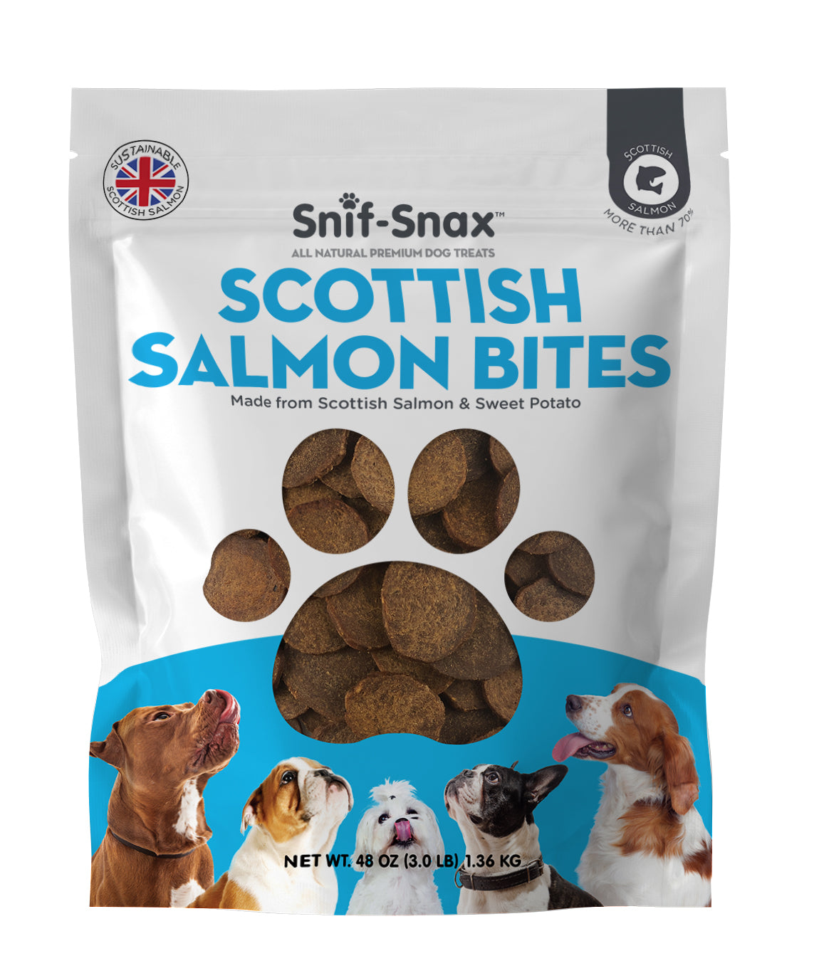 Snif-Snax Scottish Salmon Bites dog treat package on a white background. 3lb bag
