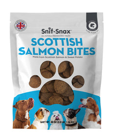 Snif-Snax Scottish Salmon Bites dog treat package on a white background. 3lb bag