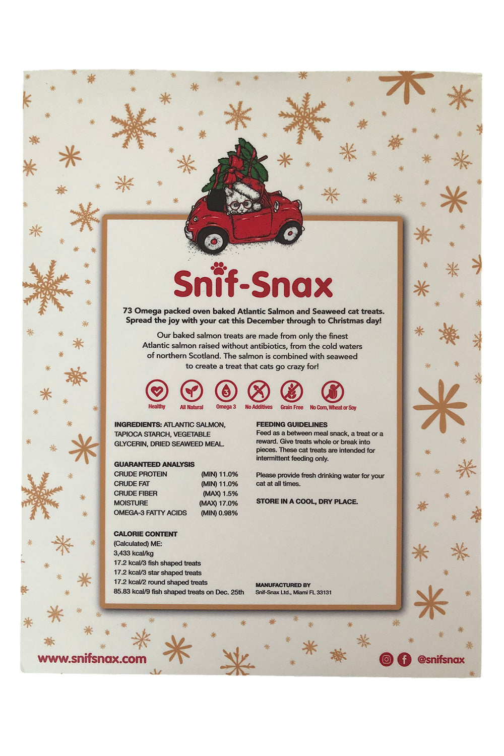 A festive red and white advent calendar box labeled 'Snif-Snax' with an illustration of a cat in a red car, surrounded by Christmas-themed graphics.