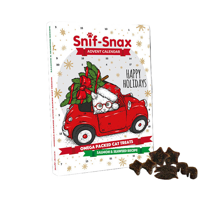 A festive red and white advent calendar box labeled &#39;Snif-Snax&#39; with an illustration of a cat in a red car, surrounded by Christmas-themed graphics.